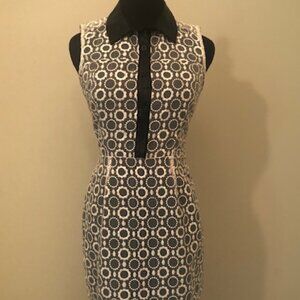 Rachel Roy Ivory Lace Black Underlay Dress Sheer Faux Leather Collar Trim Size 2